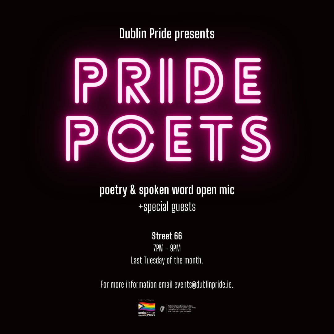 DublinPride's tweet photo. Join us tomorrow from 7PM-9PM @st66dublin for some rhymes &amp; good times. Hosted by the lovely @somulligan 🌈
As always we have a stellar lineup of guest readers before we kick off our open mic. https://t.co/V4nJ4lUSJC