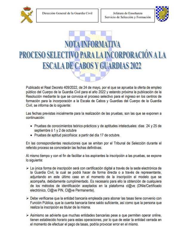 * Ingreso GC 2022 *
  Tenéis publicada nueva nota informativa en relación al procesos selectivo para el presenta año.

guardiacivil.es/documentos/pdf…