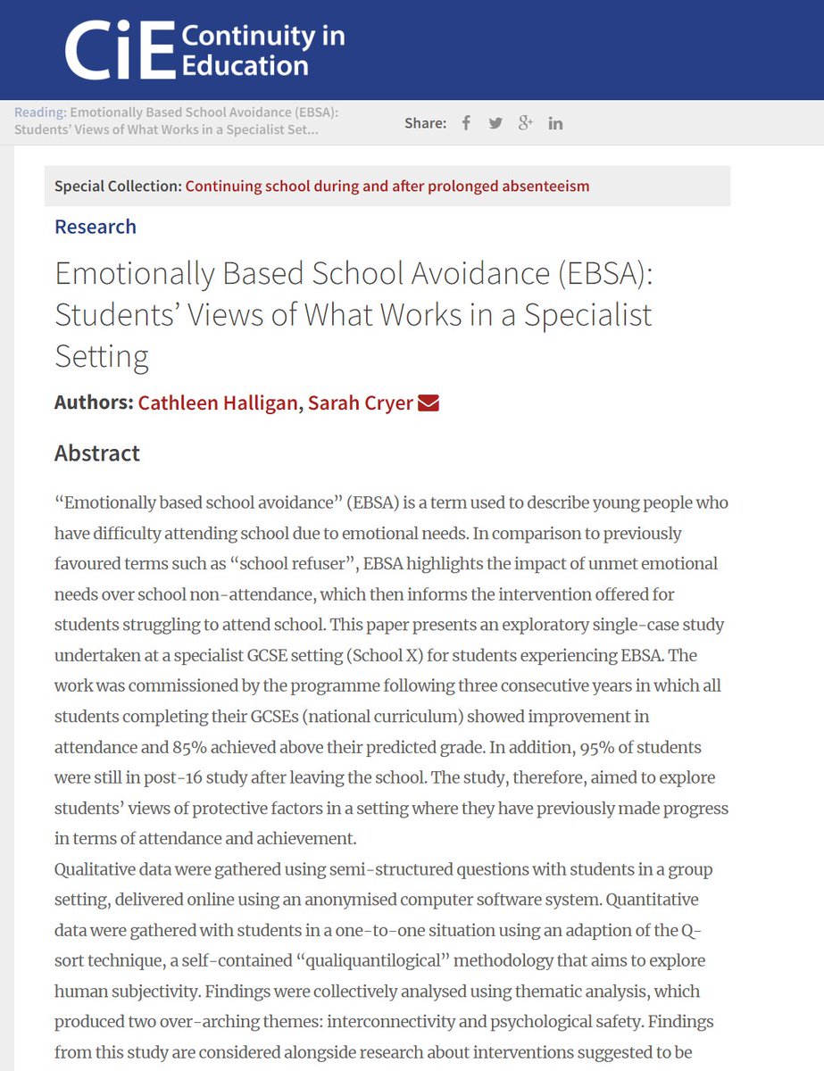 Excited to share that Dr Halligan and Dr Cryer within our team have published a research article available here: 
Emotionally Based School Avoidance (EBSA): Students’ Views of What Works in a Specialist Setting: continuityineducation.org/article/10.533…

#EBSA #twittereps
