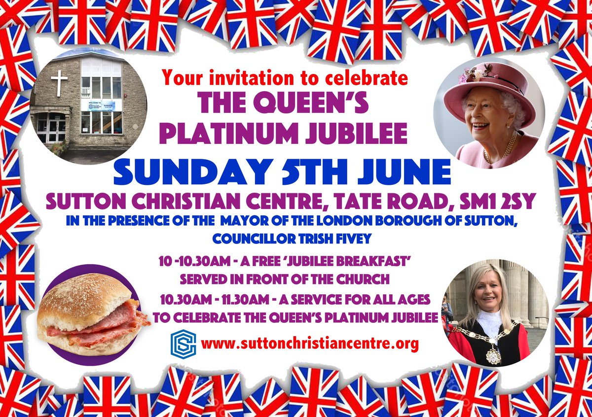SCCSutton's tweet photo. We’re looking forward to celebrating the Queen’s Platinum Jubilee this Sunday morning, June 5th. Bacon butties &amp; croissants from 10 to 10.30am when our special celebration service begins, in the presence of @Mayor_Sutton. Come along! Invite your friends! #PlatinumJubilee https://t.co/hmuuy6zC4E