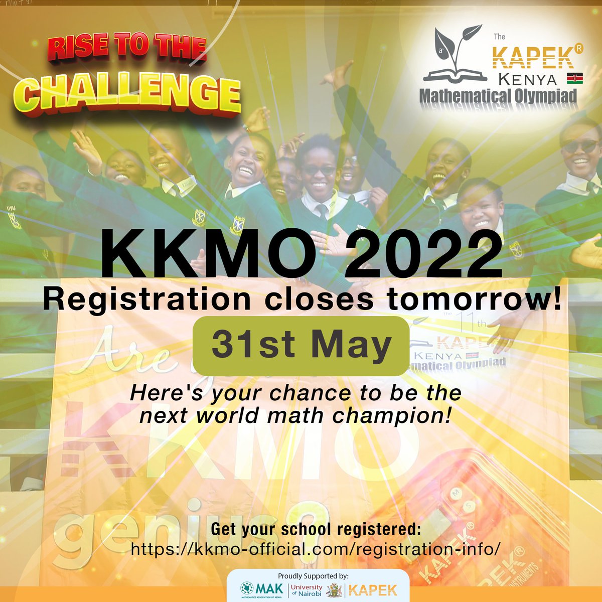 KKMO Registration Closes Tomorrow!
If you want to make history and stand a chance to be the next world math champion, Sign up your school now to participate in this life-changing KAPEK Kenya Mathematical Olympiad!

docs.google.com/.../1FAIpQLSeQ…
For more info kkmo-official.com