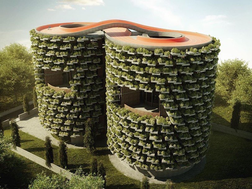 parametricarch's tweet photo. Indian practice Nudes, lead by architect @NuruKarim, has unveiled their proposal for a school in Pune, India that includes to cylinder shaped tower covered in plants and topped by a cycling track shaped like an infinity symbol for India. https://t.co/1GCvifGFm1