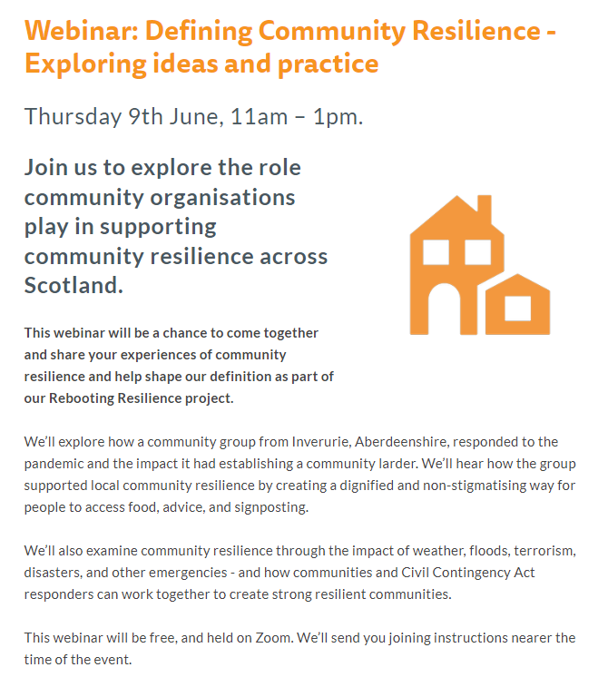 Webinar alert! 🚨

Join us next Thursday to share your experiences of community resilience and learn from others. 

It's looking to be a really interesting and useful session - book now: scdc.org.uk/rebooting-resi…