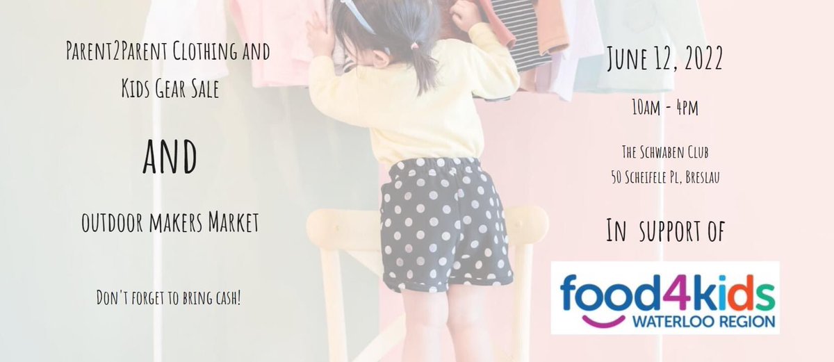 ESL_fairy's tweet photo. Breslau #parent2parent sale for baby and kids’ clothing and gear, in support of @Food4KidsWR.
June 12, 10-4 at the Schwaben Club.
Cash only. https://t.co/9LhOrXBaJu