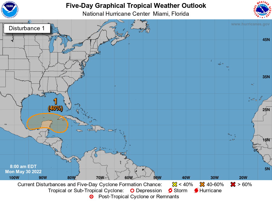 NHC_Atlantic's tweet photo. 8 AM EDT May 30- There is a medium chance of development by late this week from a large and complex low pressure area that is expected to develop over the southwestern Gulf of Mexico, Yucatan Peninsula, and the northwest Caribbean Sea. Follow the latest at https://t.co/tW4KeFW0gB https://t.co/U4sv9Rg42G