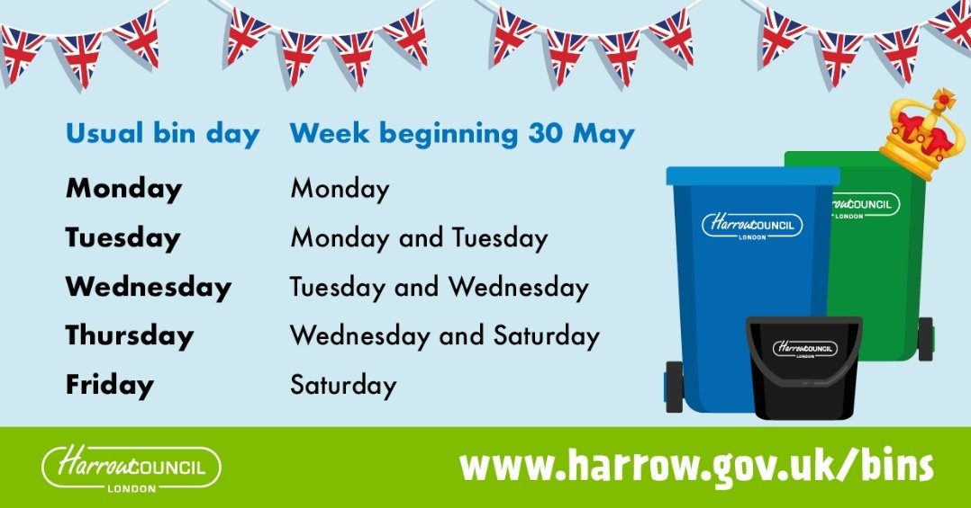 As a reminder from #Harrowcouncil  there will be a slight change in the bin collection service this week due to the bank holidays 
Find out more on: harrow.gov.uk/bins
#teampurple #nood12 @pa_housing