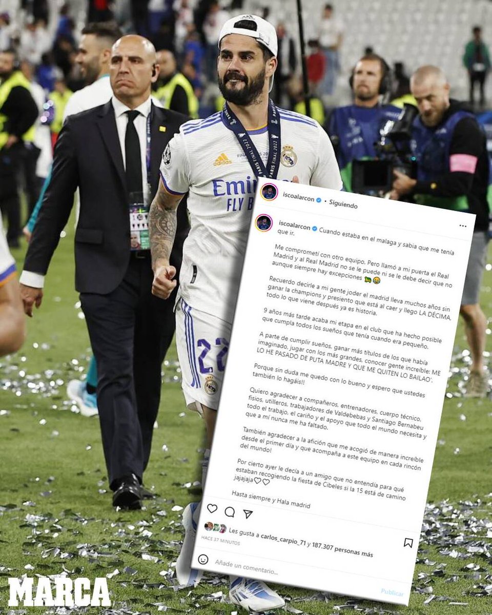marca's tweet photo. El adiós de Isco al Real Madrid... con mensajito para Kylian 💥🐢 https://t.co/Ooxm4rZ8wF