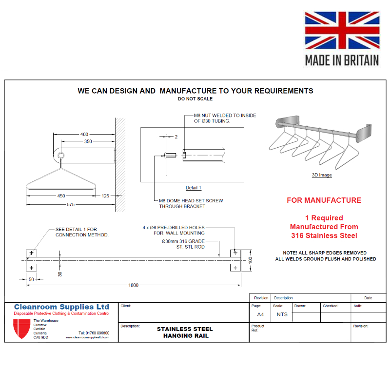 An example of some of this week's bespoke furniture designs - a customised 316 grade stainless steel hanging rail designed for the storage of cleanroom garments. 
Another very happy customer 😊✅ Contact us to discuss your bespoke cleanroom needs: buff.ly/2mLS4HG #UKmfg