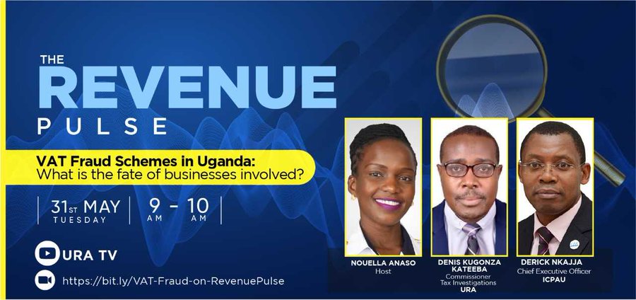 URAuganda's tweet photo. Tomorrow at 9am-10am on the #RevenuePulse.

We'll be live for discussions about the fate of taxpayers involved in VAT Fraud Schemes in Uganda;
▶️YouTube: https://t.co/EXdAmbwFqP
▶️Facebook:https://t.co/xDpMmhxMhN
▶️Zoom: https://t.co/SdAmyNOD7c
▶️Taxman: https://t.co/7yCdMng3Os https://t.co/K70DIW153F