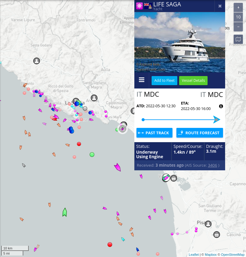SanctionsAhoy's tweet photo. #Russia #oligarch Gennady #Timchenko's #yacht LIFE SAGA has stopped moving: At N 44° 01' 22.02" - E 010° 02' 45.61". Track it here: https://t.co/eofTxBBRCI #StandWithUkraine https://t.co/R4tvaG4b78