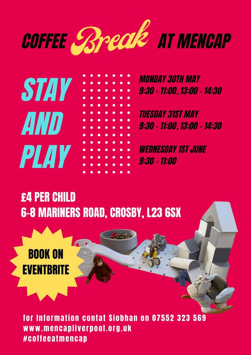 Book on to our #stayandplay this week 🍰🍪🥤 Tuesday 9:30-11:00 Tuesday 13:00-14:30 Wednesday 9:30-11:00 Coffee ☕️ Soft Play 👧👶👦 & Refreshments 🍨🍦 #coffeeatmencap Book your slot here, eventbrite.co.uk/e/stay-and-pla…