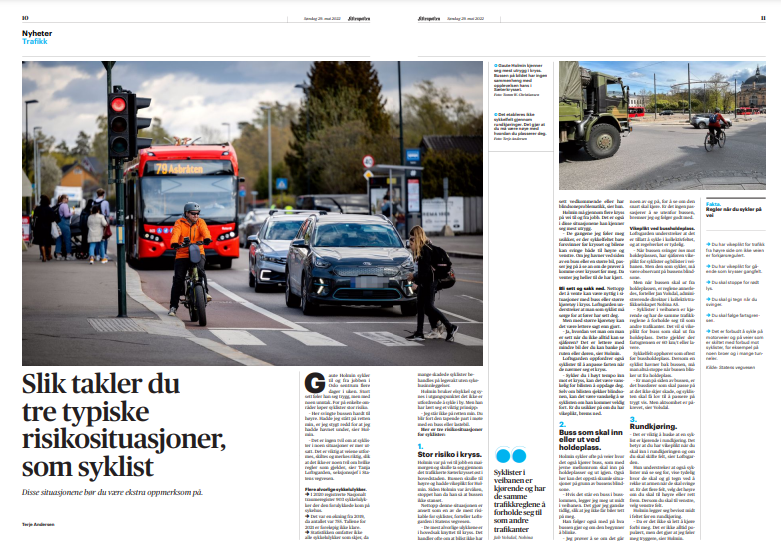 LivAndenes's tweet photo. Det er veldig bra at @Aftenposten set fokus på trafikksikkerheit for syklistar. Eg ser fram til neste sak i denne serien; om kva situasjonar bilistar, buss- og lastebilsjåførar bør vere spesielt merksame på i trafikken for å sikre trygg ferdsel for syklistar (og fotgjengarar). https://t.co/FLROiUzjyv