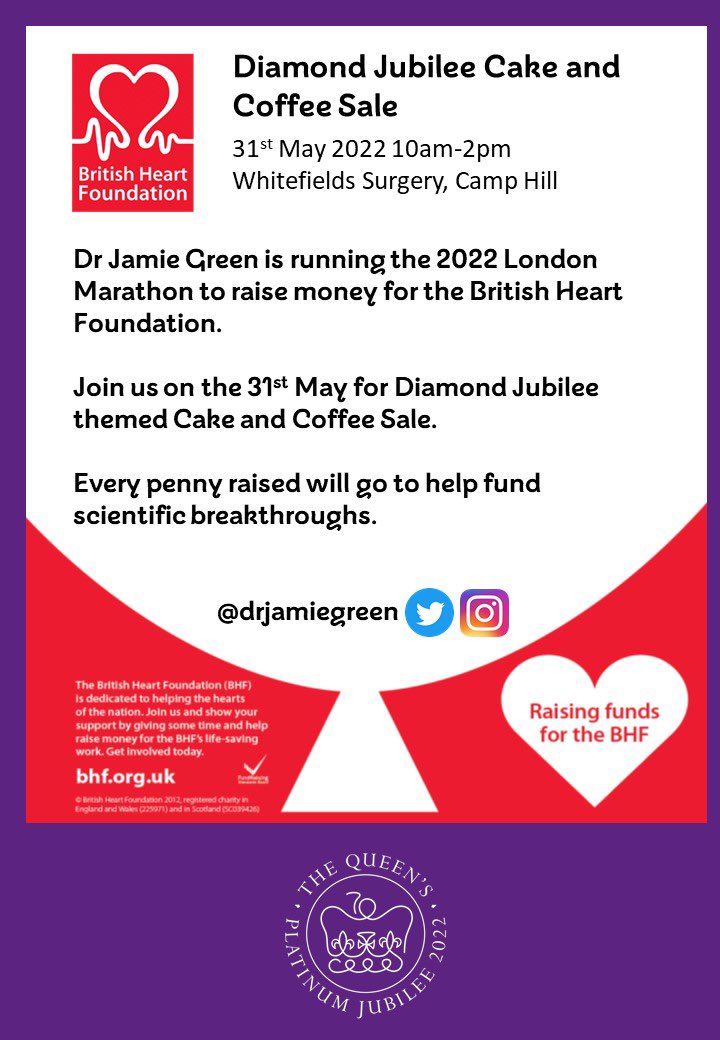 🇬🇧🇬🇧🇬🇧Join us tomorrow at Whitefields surgery, Camp Hill. For good coffee, good cake and a lot of flags! 🇬🇧🇬🇧🇬🇧☕️🧁🍰 in aid of <a href="/TheBHF/">British Heart Foundation</a>