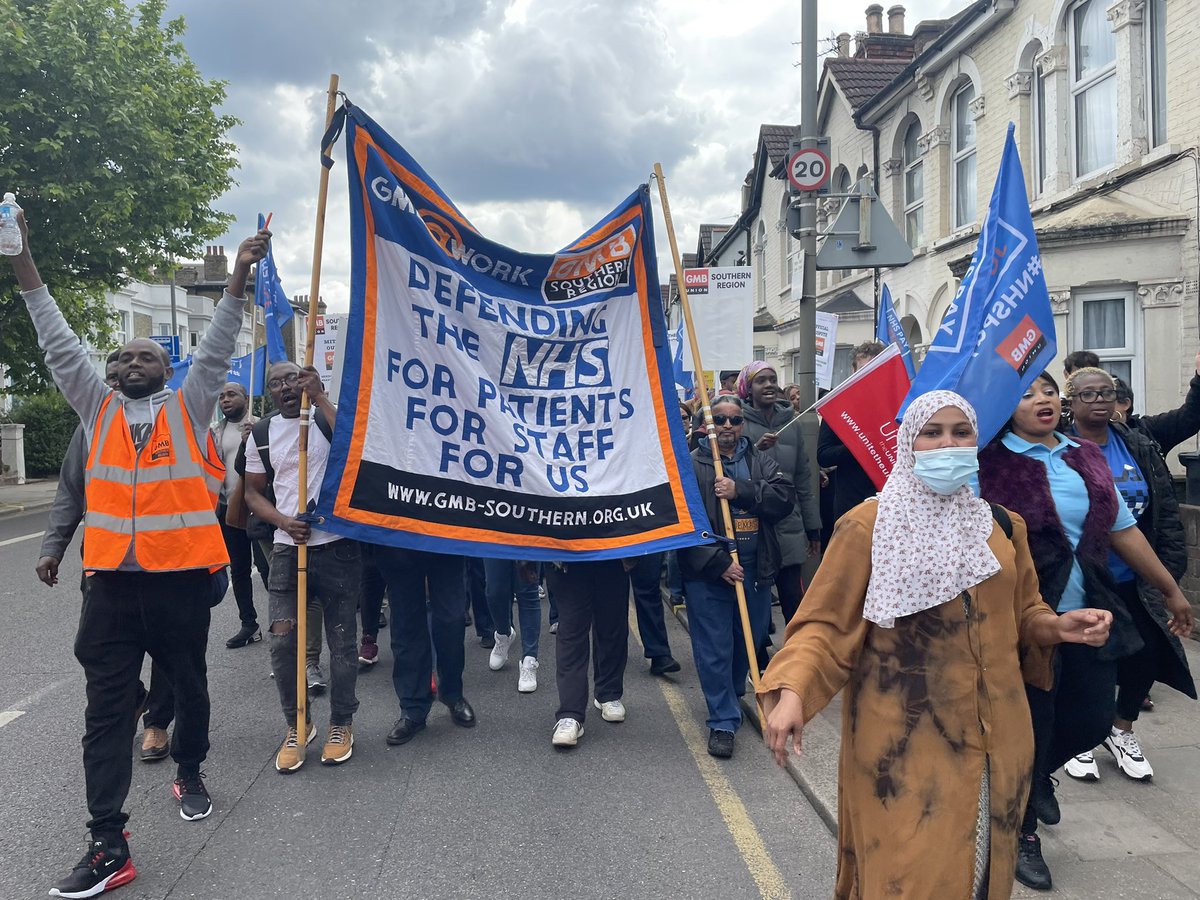 Incredible march through Tooting today of our members on strike against the appalling treatment of them by private contractor <a href="/mitie/">Mitie</a> at @StGeorgesTrust.  Mitie Out Out Out!