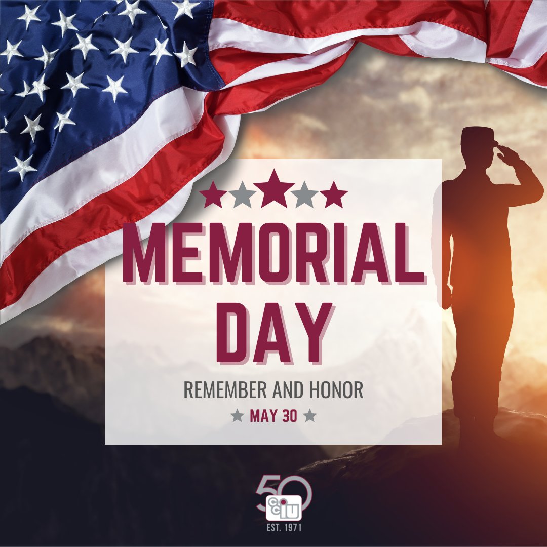 Wishing you and your loved ones a happy #MemorialDayWeekend!

Remember to honor those tremendously brave men and women who have served and ultimately given their lives for the United States.

All CCIU buildings are closed today, May 30 and will reopen tomorrow, Tuesday, May 31.