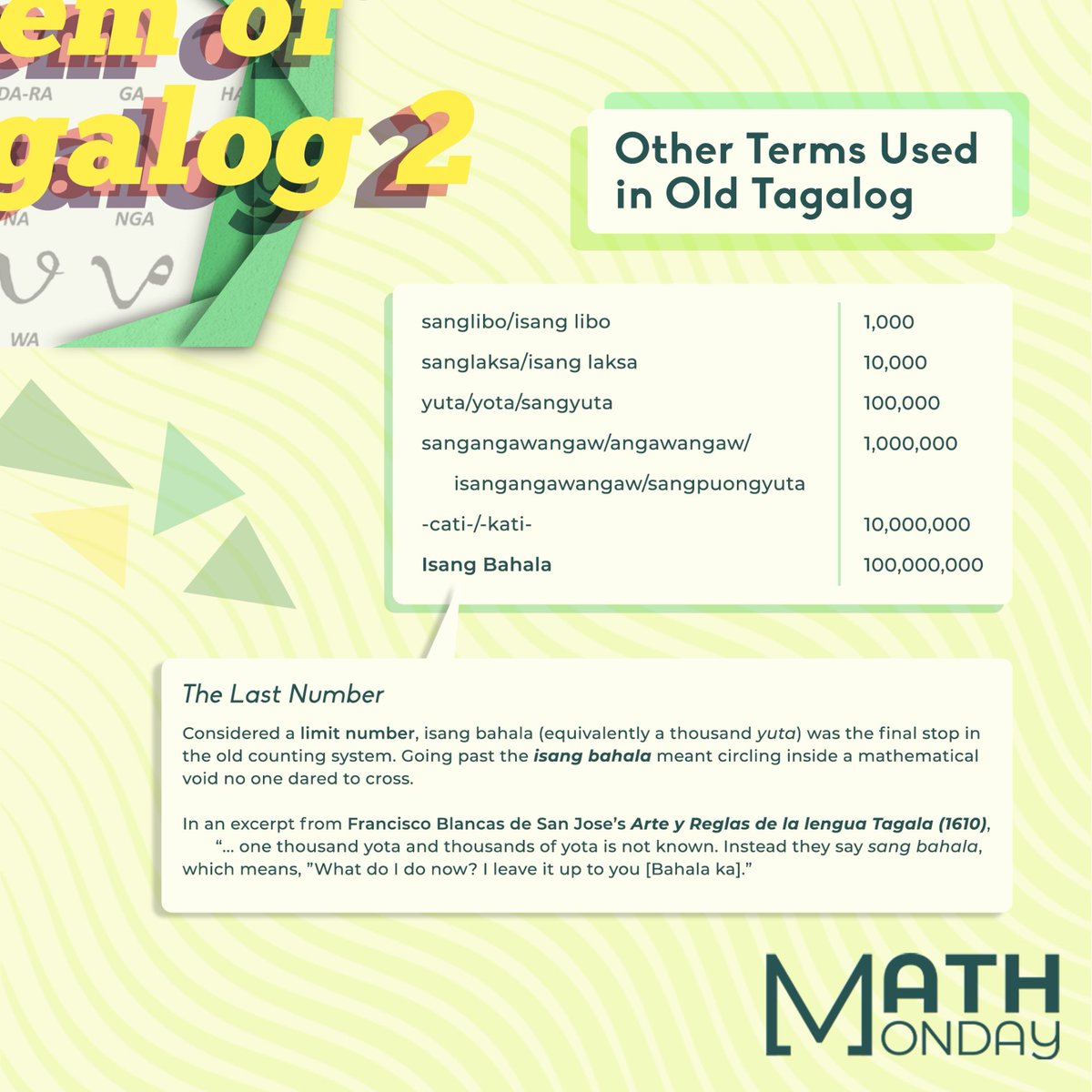 upmathclub's tweet photo. 𝘼𝙥𝙖𝙩, 𝙡𝙞𝙢𝙖, 𝙖𝙣𝙞𝙢.

The counting never stops! Hmmm, or does it? Well, bahala ka.

Join us as we continue to count alongside our Tagalog ancestors, reaching numbers beyond a hundred.

#MathMondayWithUPMathClub
#OldTagalogCountingSystem
#NagkamaliSaPagtingin

💚💚💚 https://t.co/ErlZ8p7aGR
