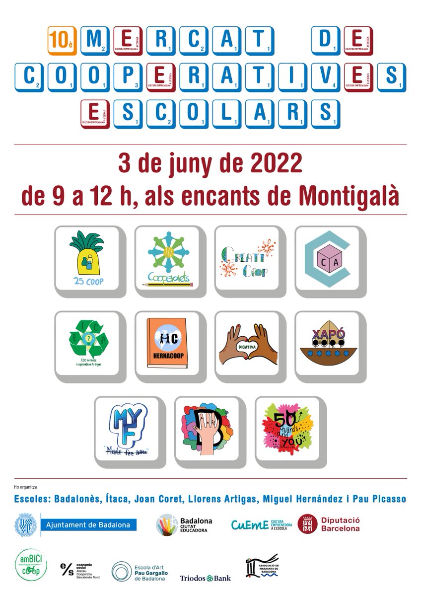 Aquest divendres 03/06 us convidem a venir als encants de #Montigalà i veure què han preparat les 1⃣1⃣ #cooperatives escolars dins el programa #CuEmE.