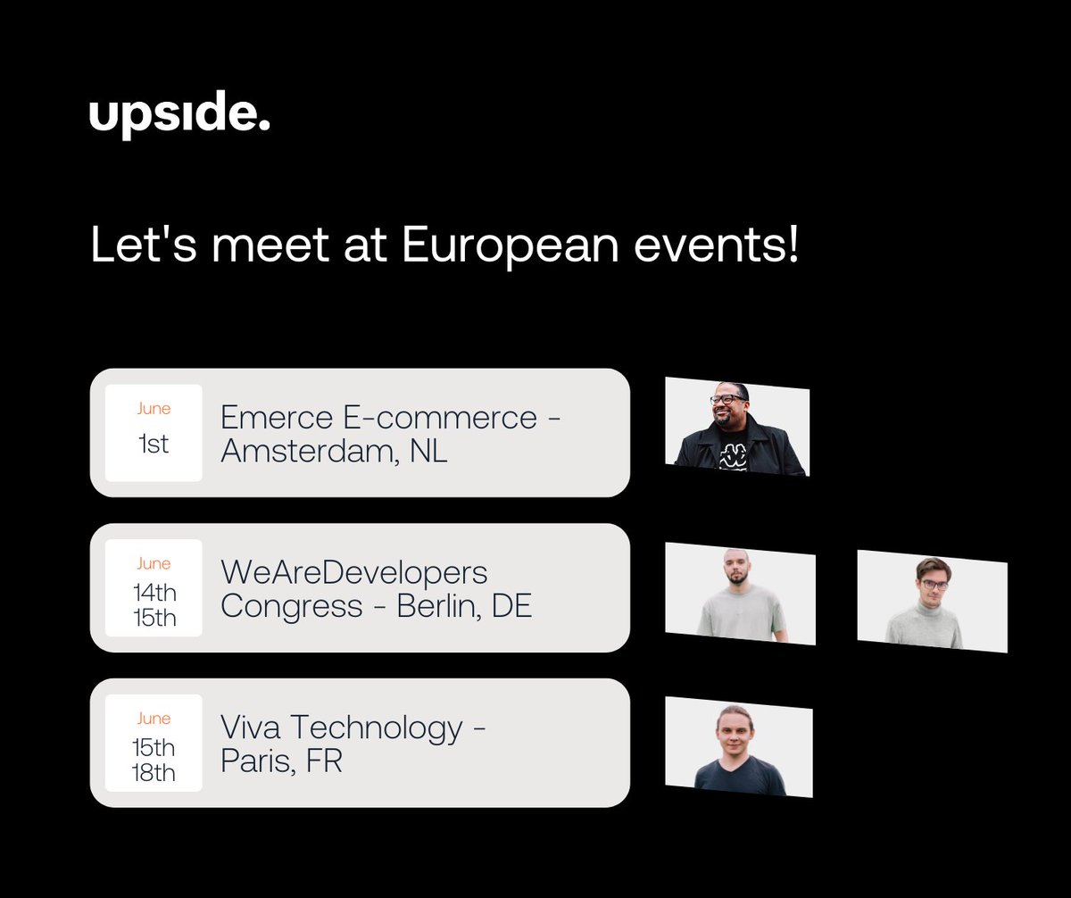 From 1-10, how glad are you that face-to-face conferences restarted? For us at Upside, it's 10 out of 10! 🔥

In June our Team joins three events across Europe:
🟠 <a href="/Emerce/">EMERCE</a> E-commerce Live
🟠 <a href="/WeAreDevs/">WeAreDevelopers</a> 
🟠 <a href="/VivaTech/">VivaTech</a> 

Let us know if you're there!