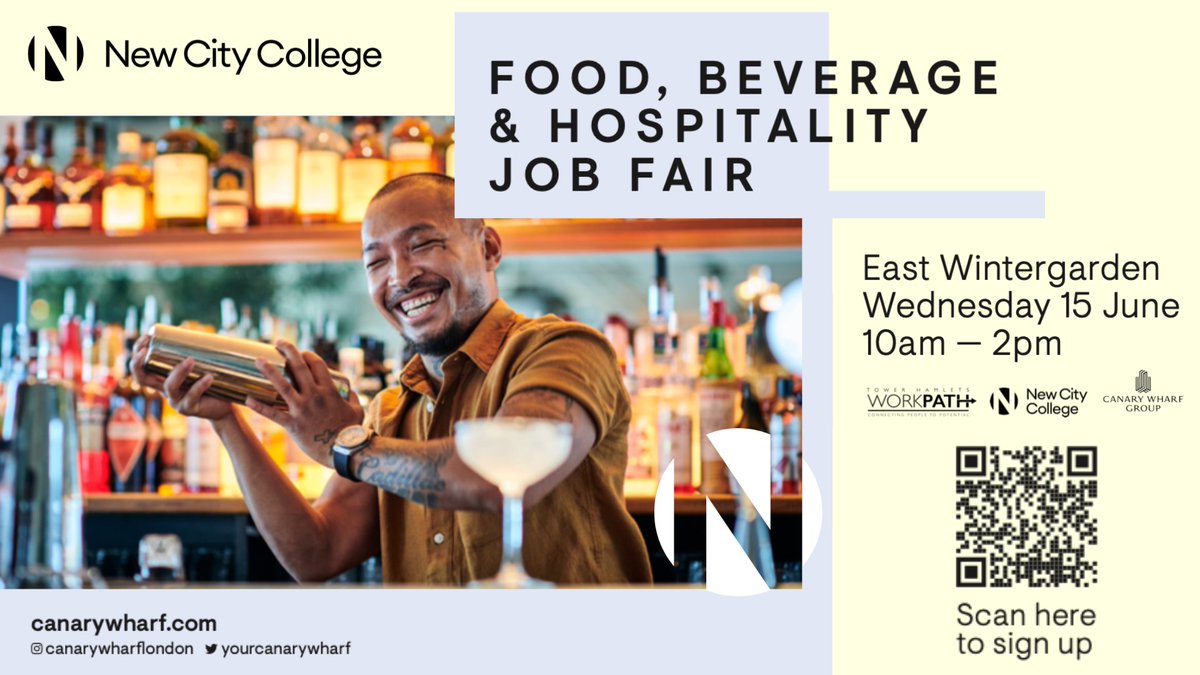 New City College (@newcitycol) on Twitter photo We are delighted to to announce that we will be hosting a second 'Hospitality, Food and Beverage Job's Fair' with @CanaryWharfGrp and <a href="/TowerHamletsNow/">Tower Hamlets Council</a> on Wednesday 15th June from 10-2pm.
Scan the barcode to find out more or visit ncclondon.ac.uk/canary-wharf-j…. We are delighted to to announce that we will be hosting a second 'Hospitality, Food and Beverage Job's Fair' with @CanaryWharfGrp and <a href="/TowerHamletsNow/">Tower Hamlets Council</a> on Wednesday 15th June from 10-2pm.
Scan the barcode to find out more or visit ncclondon.ac.uk/canary-wharf-j….