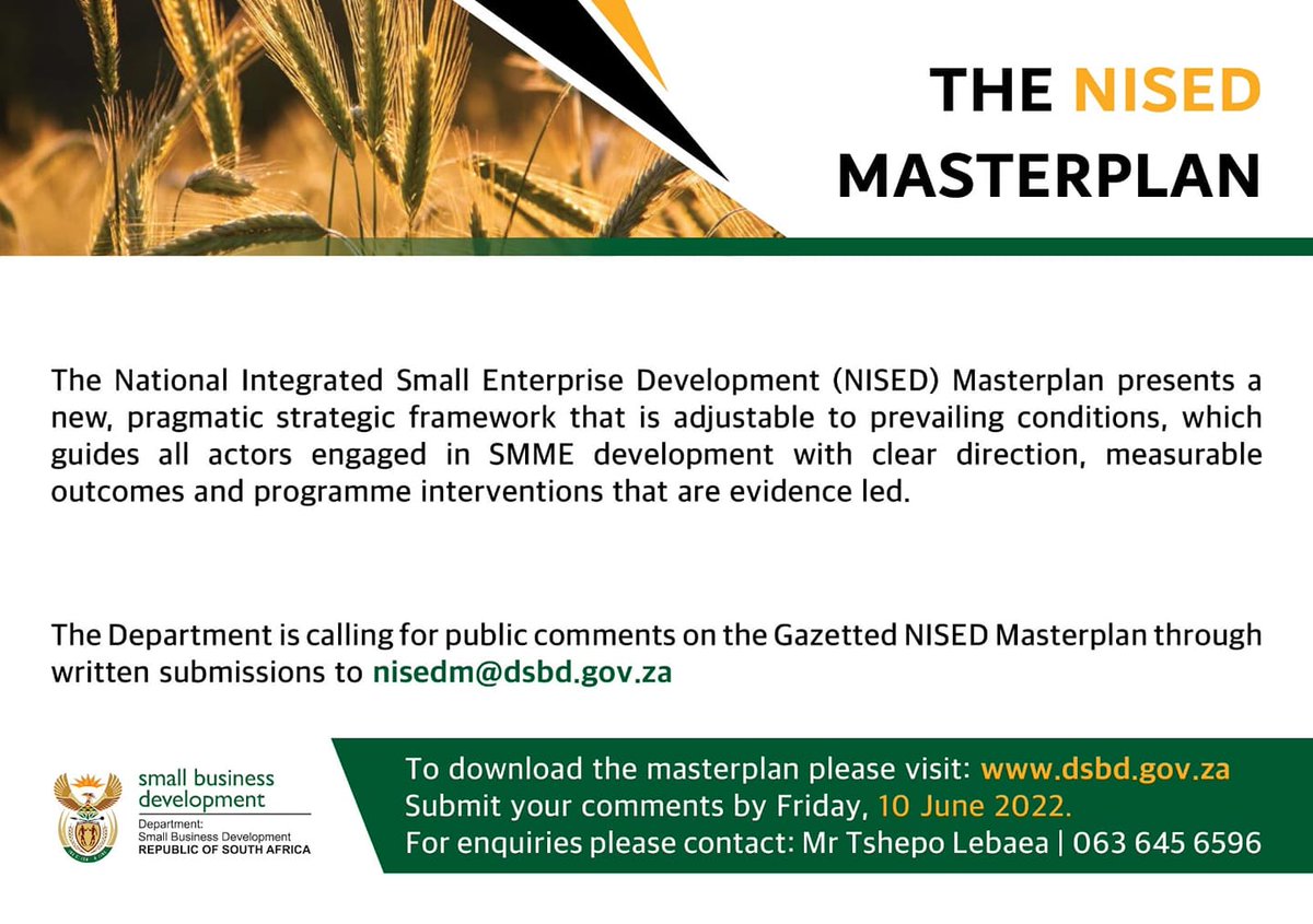 ANDE_ZA's tweet photo. The @DSBD_SA is calling for public comments on the Gazetted NISED Masterplan.
https://t.co/nwLpn4c2L1
#smallbusinesses #smmedevelopment #smmes #NISED https://t.co/wanCLYCm8M