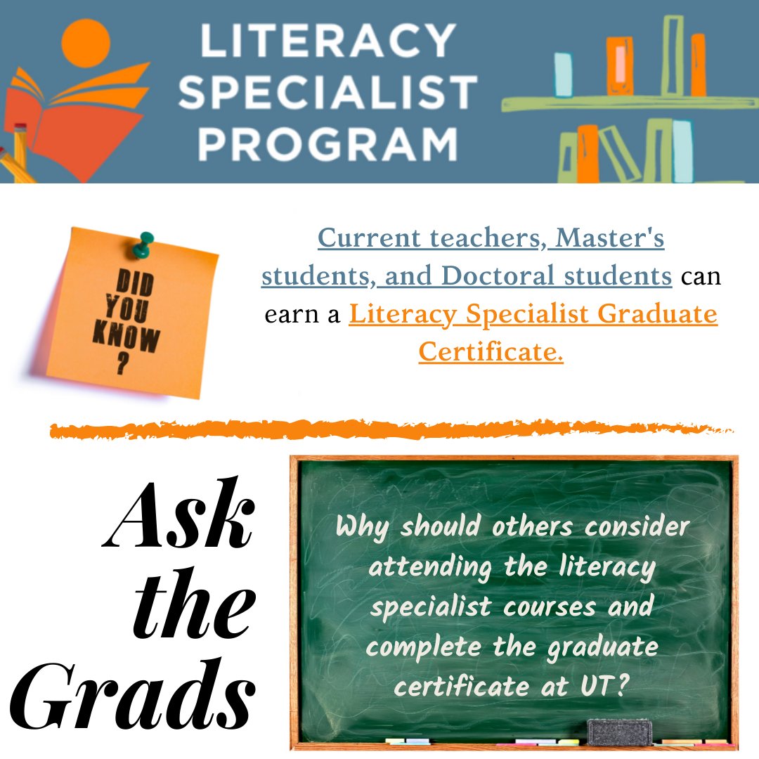 utkLiteracy's tweet photo. The Literacy Specialist Program at UTK has a pathway for everyone. Whether you are a current teacher who wants to add an endorsement, or a graduate student majoring in Literacy, the LSP team will help you meet your goals! https://t.co/9Tnd20tNLC
