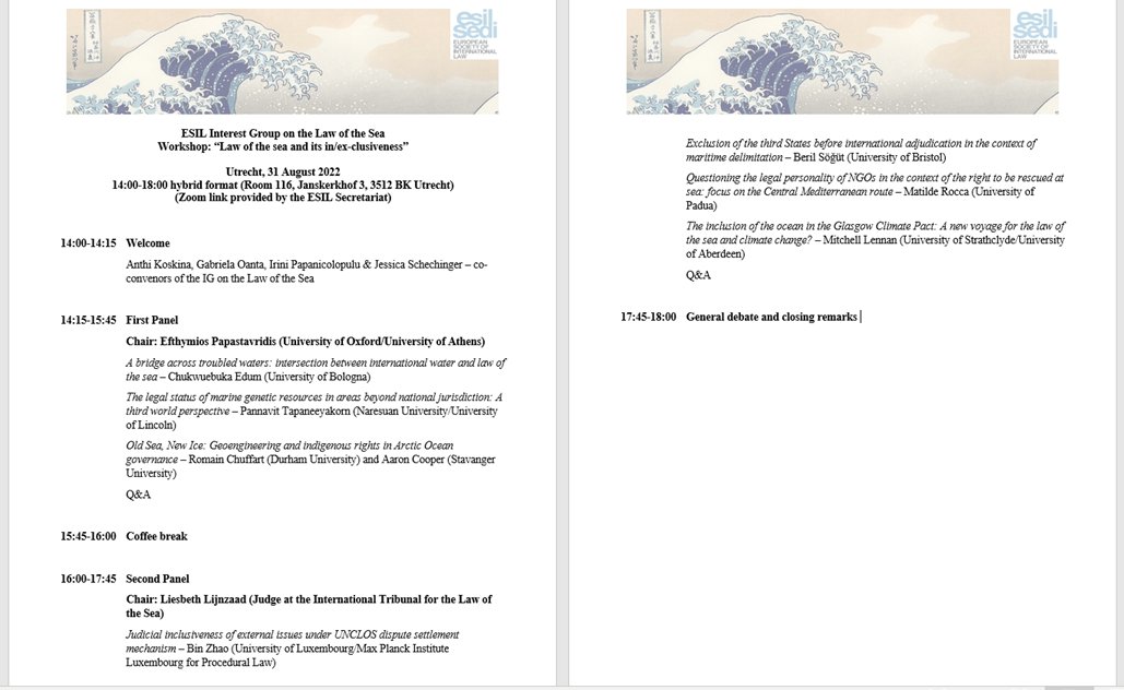 esil_lawsea's tweet photo. We are happy to share the programme of our ESIL IG workshop on ‘Law of the sea and its in/ex-clusiveness’ (Utrecht, 31 August 2022 #ESIL2022). Efthymios Papastavridis will chair Panel 1. Speakers are: Chukwuebuka Edum (@C_Edum), Pannavit Tapaneeyakorn (@PTapaneeyakorn) ... (1/2) https://t.co/hZrVGUlpsC