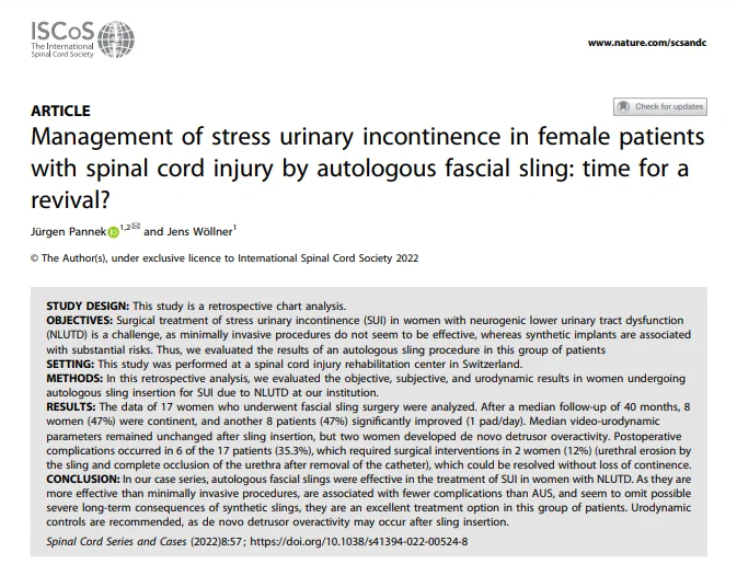 Management of stress urinary incontinence in female patients with spinal cord injury by autologous fascial sling