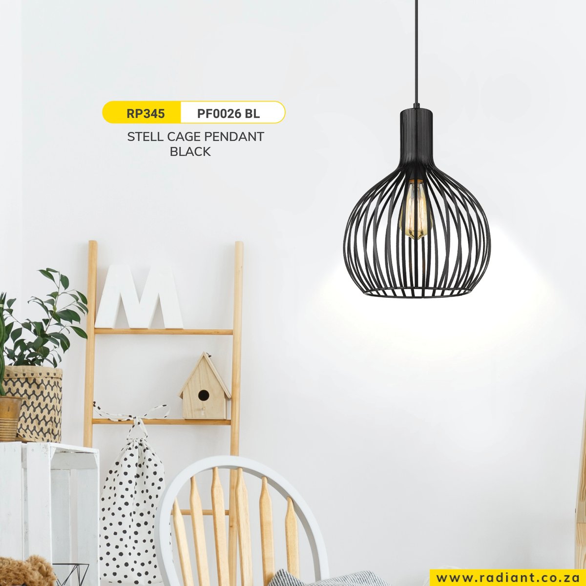 This black steel cage pendant light offers bold contrast to an otherwise white space. It's 385mm in height and 270mm in diametre. Read more here: radiant.co.za/product/pendan…