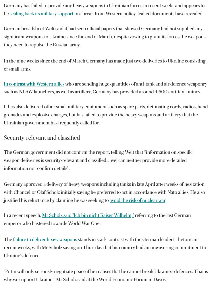attilaXT's tweet photo. 🇺🇦🇷🇺🇪🇺  Selon des documents ayant fait l'objet d'une fuite, l'Allemagne n'a pas fourni d'armes lourdes aux forces ukrainiennes ces dernières semaines et semble réduire son soutien militaire, en rupture avec la politique occidentale.
(The Telegraph) https://t.co/irAiJn4BtQ