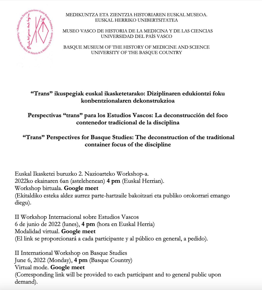 JuliGaz's tweet photo. 🗣️“Trans” ikuspegiak euskal ikasketetarako/ Perspectivas “trans” para los Estudios Vascos/ “Trans” Perspectives for Basque Studies
🗓️ 06/06 -📍Internet -⏱️4pm Euskal Herrian
💫 If you want to attend, email us or DM me
#BasqueStudies #Transdisciplinarity #Workshop #BasqueCountry https://t.co/nJ0PKJxLCT