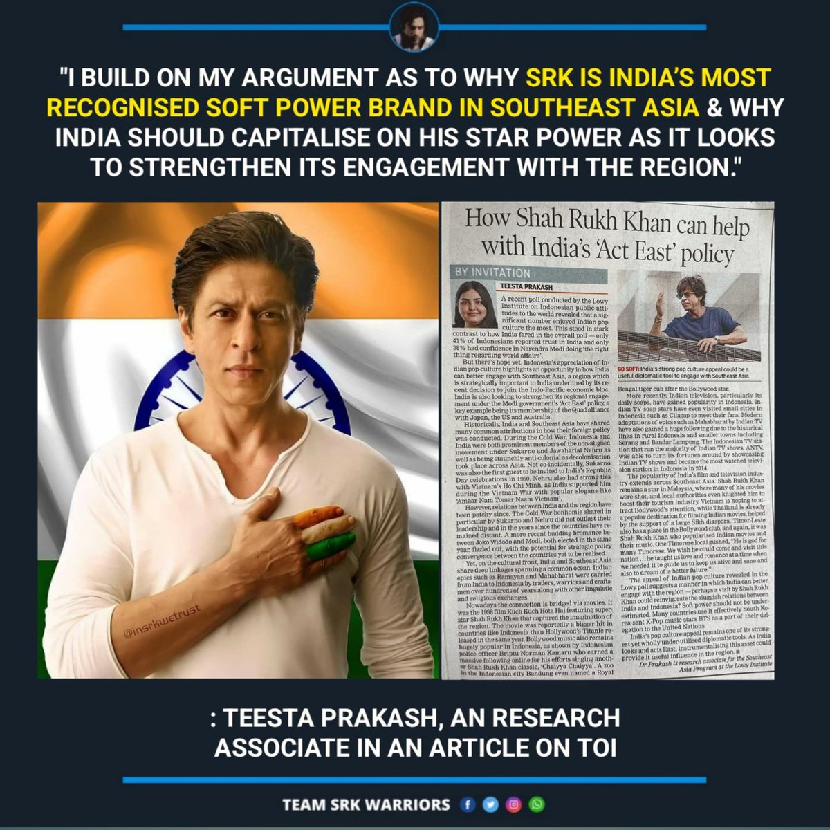 SrkianDas04's tweet photo. "I build on my argument as to why SRK is India’s most recognised soft power brand in Southeast Asia &amp; why India should capitalise on his star power as it looks to strengthen its engagement with the region."

: @Teesta_P, An Research Associate in an article on TOI.

#ShahRukhKhan https://t.co/pjVyMXyIUS