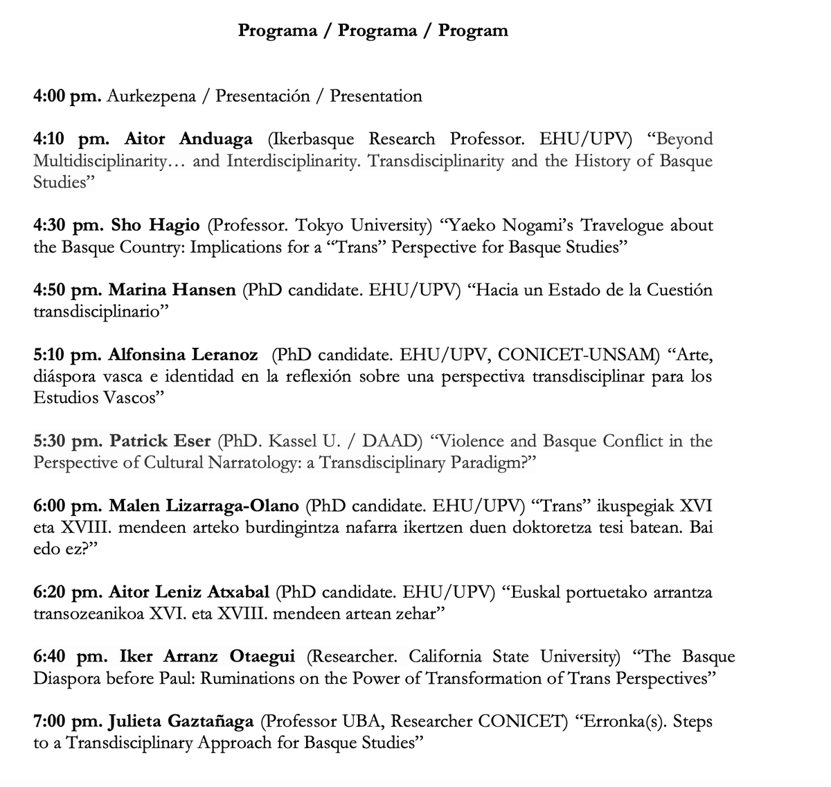 JuliGaz's tweet photo. 🗣️“Trans” ikuspegiak euskal ikasketetarako/ Perspectivas “trans” para los Estudios Vascos/ “Trans” Perspectives for Basque Studies
🗓️ 06/06 -📍Internet -⏱️4pm Euskal Herrian
💫 If you want to attend, email us or DM me
#BasqueStudies #Transdisciplinarity #Workshop #BasqueCountry https://t.co/nJ0PKJxLCT