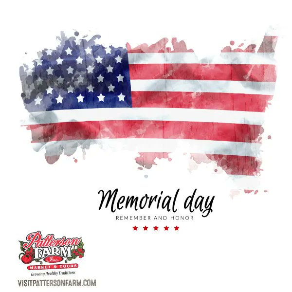 Patterson_Farm's tweet photo. In honor of Memorial Day, please join all of us at Patterson Farm in remembering our nation's fallen and thanking all those who protect our freedom. We will be closed today, May 30. We hope everyone has a fun and safe Memorial Day. #MemorialDay #VisitNCFarms #VisitPattersonFarm https://t.co/Sjlk84gv9P