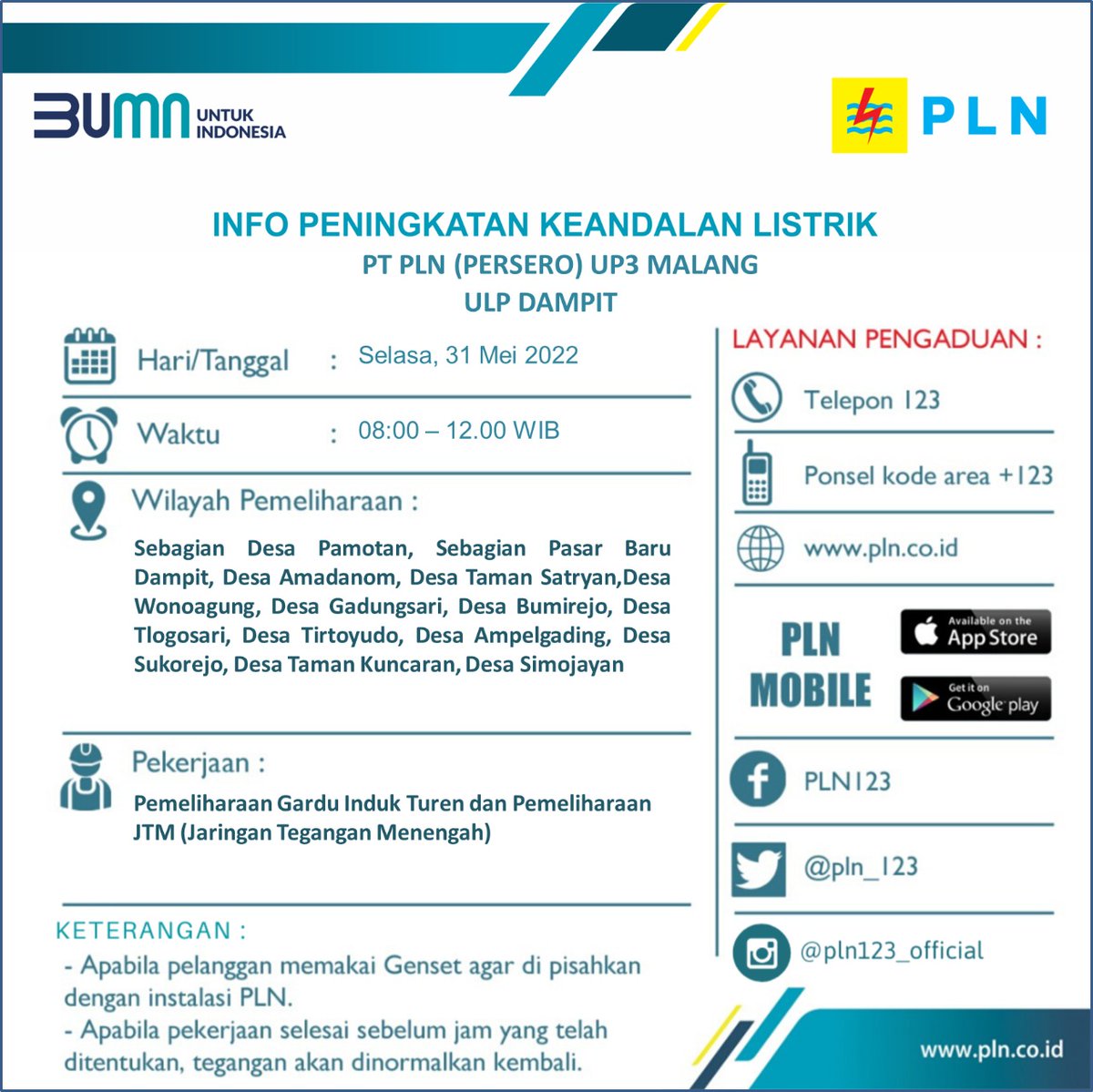 Info peningkatan keandalan listrik Selasa 31 mei 2022 ulp blimbing, ulp gondanglegi, ulp kebonagung dan ulp dampit <a href="/infomalang/">Info Malang</a> <a href="/RRIMalang/">RRI Malang I Kanal Informasi dan Inspirasi</a> <a href="/Senaputra_FM/">Senaputraᅠᅠᅠᅠᅠᅠᅠᅠᅠ</a> <a href="/kepanjen_kita/">#WalikotaKepanjen</a> <a href="/cityguide911fm/">City Guide 911 FM</a> <a href="/kabmalanginfo/">KAB MALANG INFO</a> #Malang