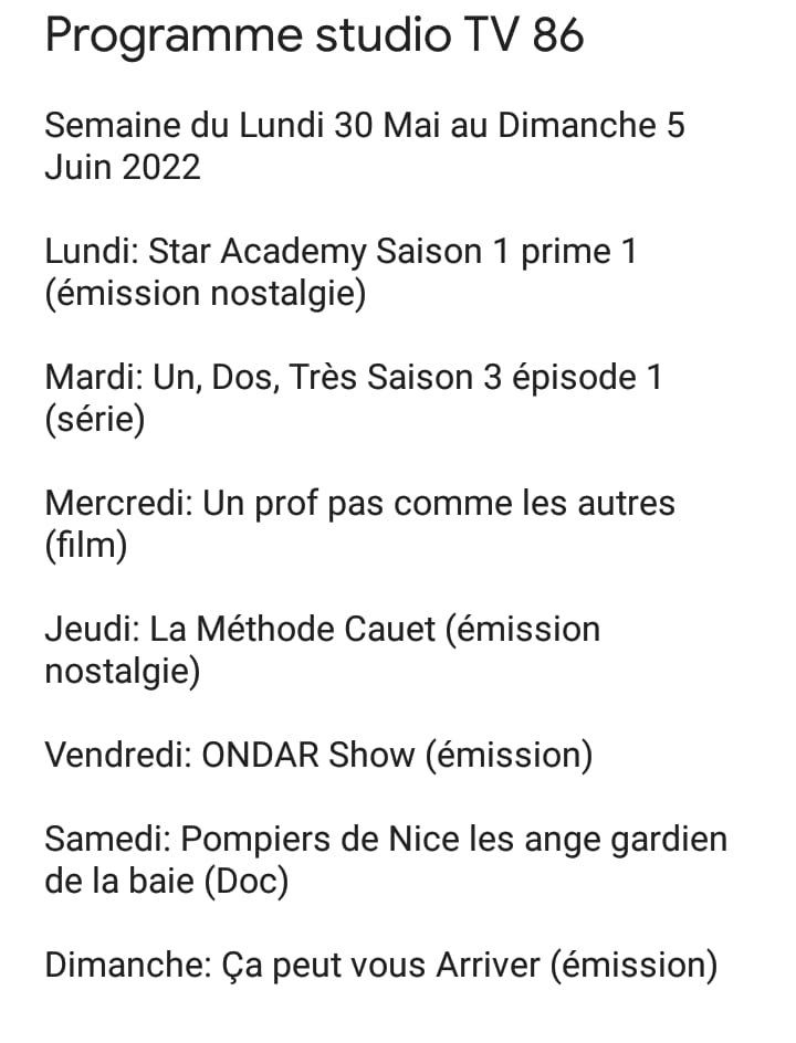 Bonjours

Merci de votre fidelite au compte <a href="/StudioTv86/">Studio Tv 86 🎙</a> ce compte reste sous reserver et Franck manque deja plein de bonne chose pour lui qui prend soin de lui 

Des aujourd'hui l'aventure continue sur ce compte <a href="/StudioTv861/">Studio Tv 86</a> et Voici le Programme de cette Semaine

Bonne semaine