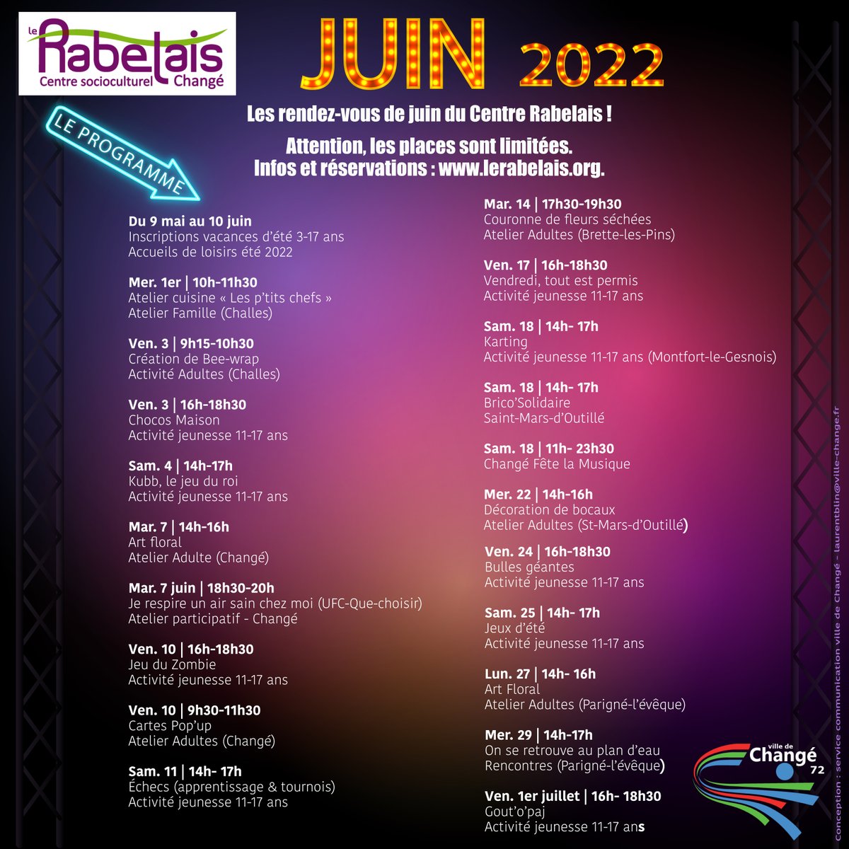 [CENTRE RABELAIS]

Retrouvez le programme du mois de juin des animations du centre François Rabelais !
facebook.com/centrerabelais

#villechange72 #animation