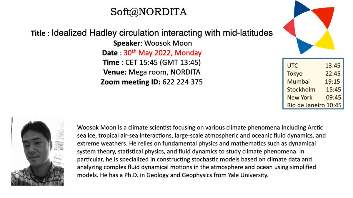 Please tune in today (16th May) at CET 15:45, for the seminar by Woosok Moon on "Idealized Hadley circulation interacting with mid-latitudes".

Location: Mega Room, Nordita
Zoom link: stockholmuniversity.zoom.us/j/622224375