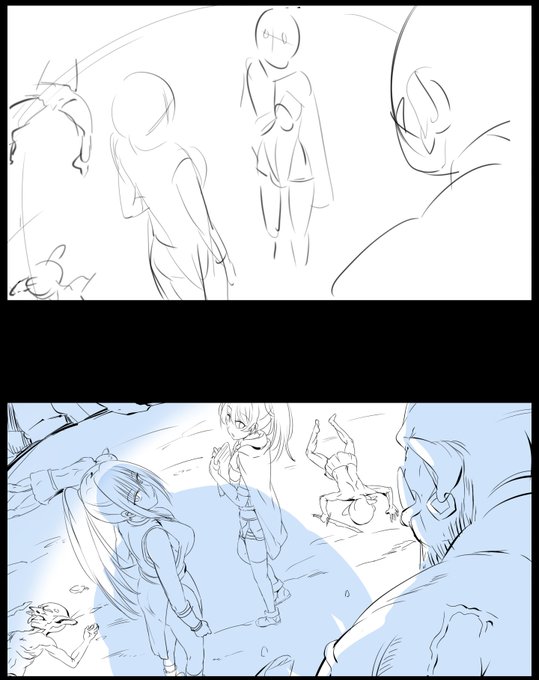 振り返るとオークが…な場面のラフ→下書き
描いてるシーンは前半ですが制作自体はラストスパートです🙄
がんばるぞい 