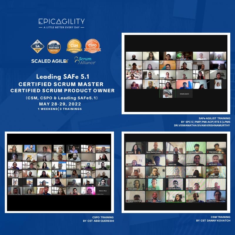 epicagilityin's tweet photo. Thrilled to have organised three high-level trainings with 3 internationally renowned trainers in one weekend. Leading SAFe, CSM, &amp; CSPO were all packed and a big hit with our attendees. Wishing them all the best!#certification #training #safetraining #epicagilityindia https://t.co/U98HYt2duf