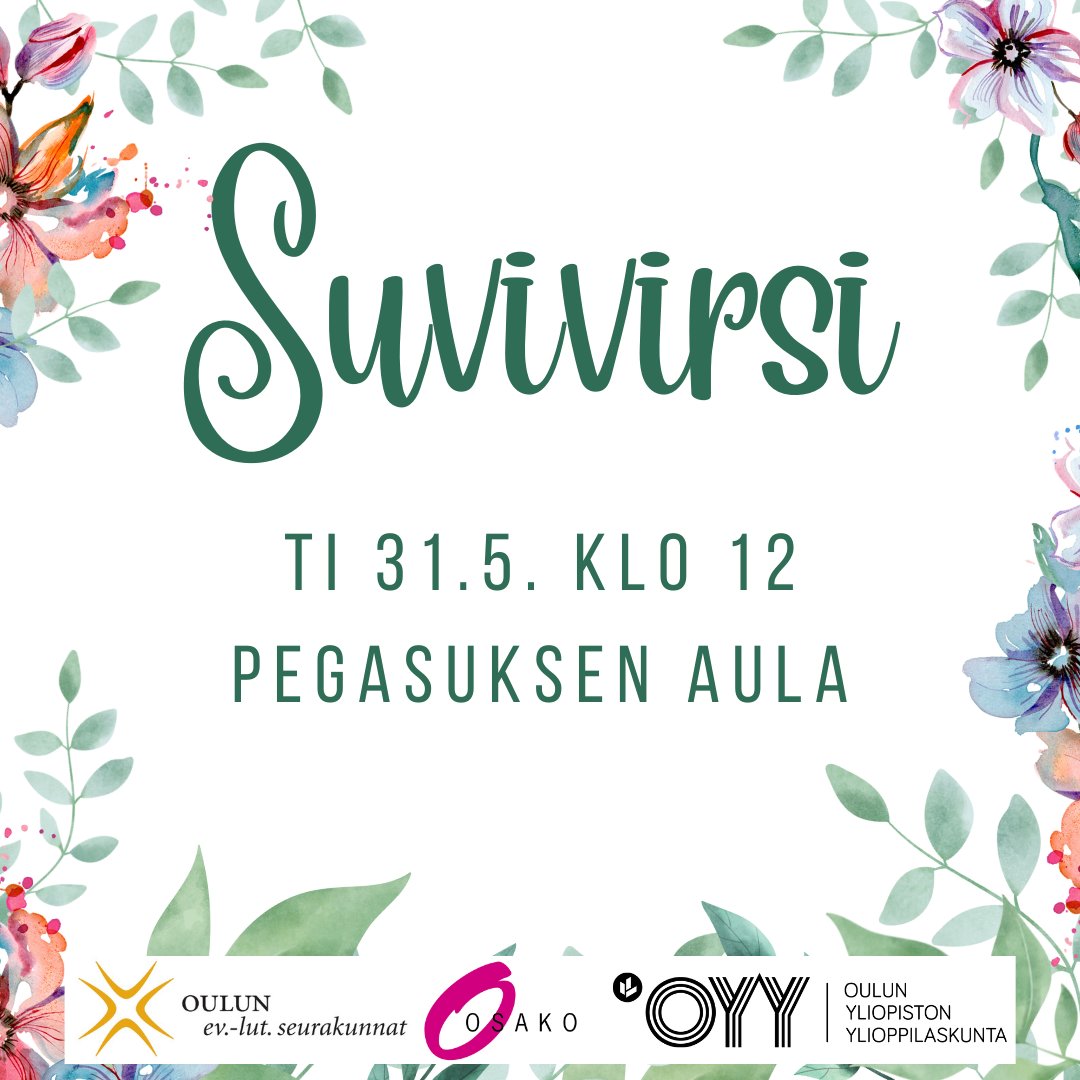 AriSavuoja's tweet photo. Tervetuloa laulamaan #Suvivirsi lukuvuoden päättymisen ja kesän alkamisen merkiksi ti 31.5. klo 12 Oulun Linnanmaan kampukselle, pääkirjasto Pegasuksen aulaan. Kakkukahvit 50:lle ensimmäiselle. Suvivirsi on suomalaisten koulujen juhlaperinnettä. #oyy #oamk #kirkkooulussa https://t.co/kqAJddSVVk