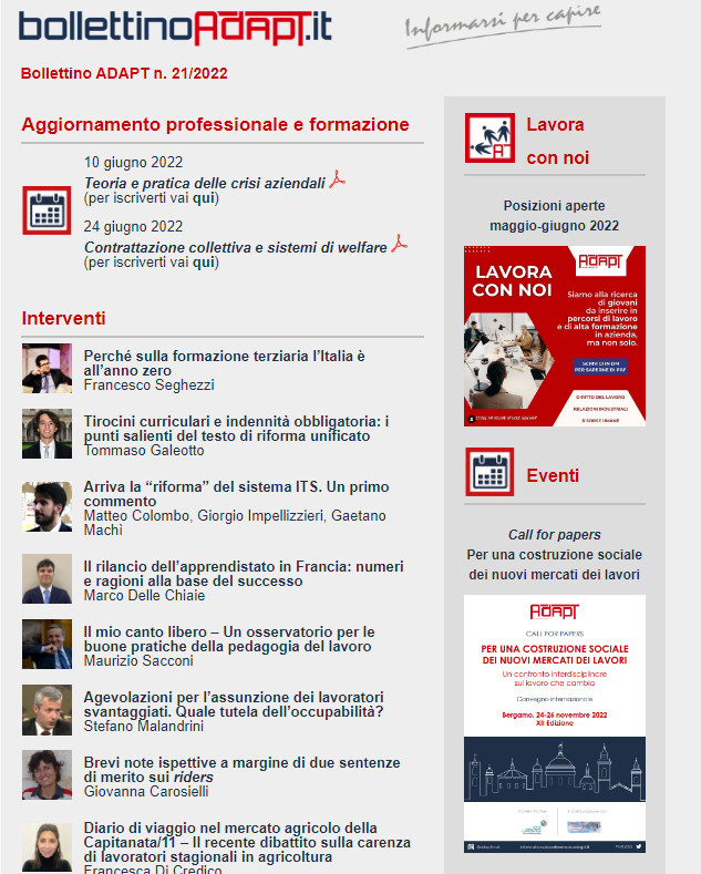 #BollettinoADAPT n. 21/2022 
#formazioneterziaria #tirocinicurriculari #riformaITS #apprendistato #Francia #riders #Capitanata #contrattazionecollettiva #relazioniindustriali 

#openaccess 

mailchi.mp/adapt/bolletti…