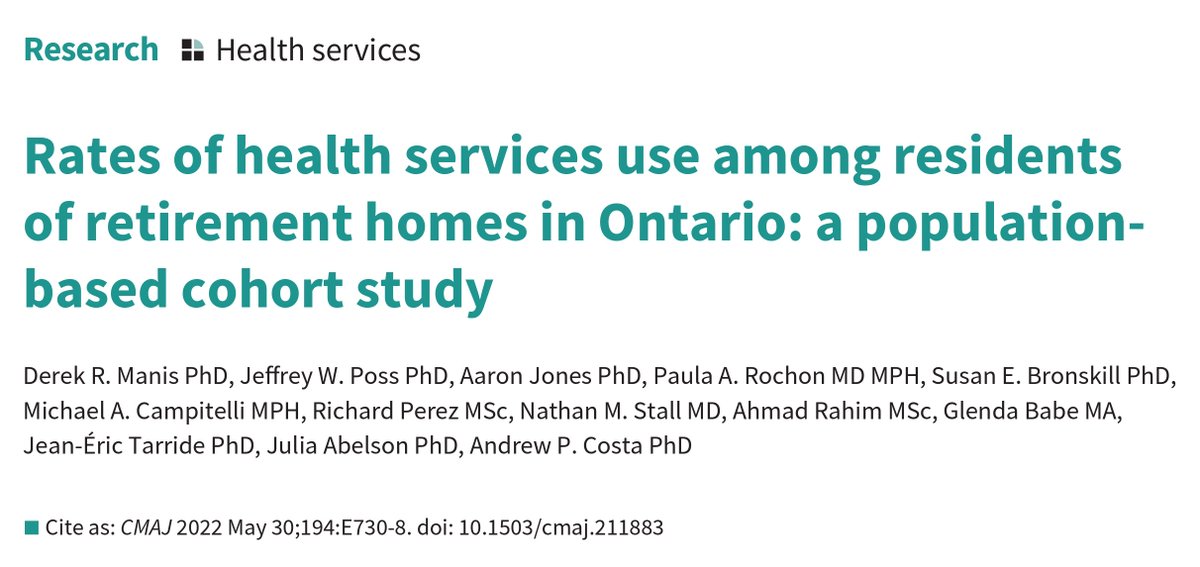 Derek Manis, PhD, MHSc (@derekmanis) on Twitter photo NEW PUBLICATION
We created the first population-level cohort of residents of retirement homes (known as assisted living facilities in the US) and examined their rates of health service use relative to other older adult populations. cmaj.ca/content/194/21… NEW PUBLICATION
We created the first population-level cohort of residents of retirement homes (known as assisted living facilities in the US) and examined their rates of health service use relative to other older adult populations. cmaj.ca/content/194/21…