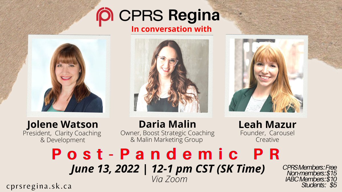 On Mon June 13, join us in conversation w/this amazing panel of #comms #marketing pros (@dariamalin <a href="/adswithleah/">Leah Mazur</a> <a href="/ClarityCD/">Clarity</a>) for expert insights on how to target &amp; reconnect w/ stakeholders post-pandemic. 

Register➡️eventbrite.ca/e/352207290487

#ProfessionalDevelopment #webinar #PR