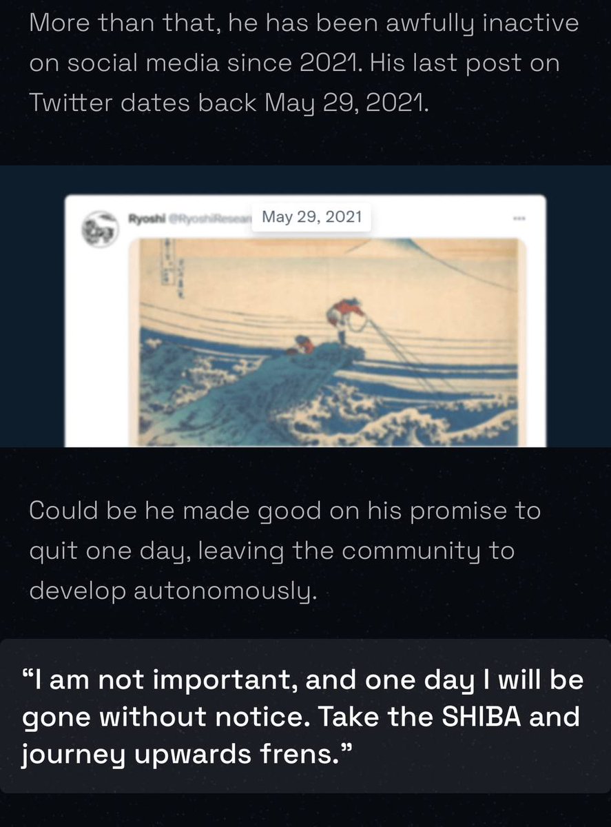 Viper Sage (@ikuwara) on Twitter photo <a href="/WatcherGuru/">Watcher.Guru</a> Ryoshi follows Satoshi path... Both gone forever... Community owned now $SHIB <a href="/WatcherGuru/">Watcher.Guru</a> Ryoshi follows Satoshi path... Both gone forever... Community owned now $SHIB