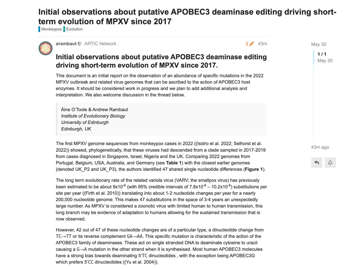 Post on virological by @AineToole and @arambaut discussing the APOBEC3 hypothesis to explain the unexpectedly large evolution rate for #monkeypox observed since 2018.
virological.org/t/initial-obse…