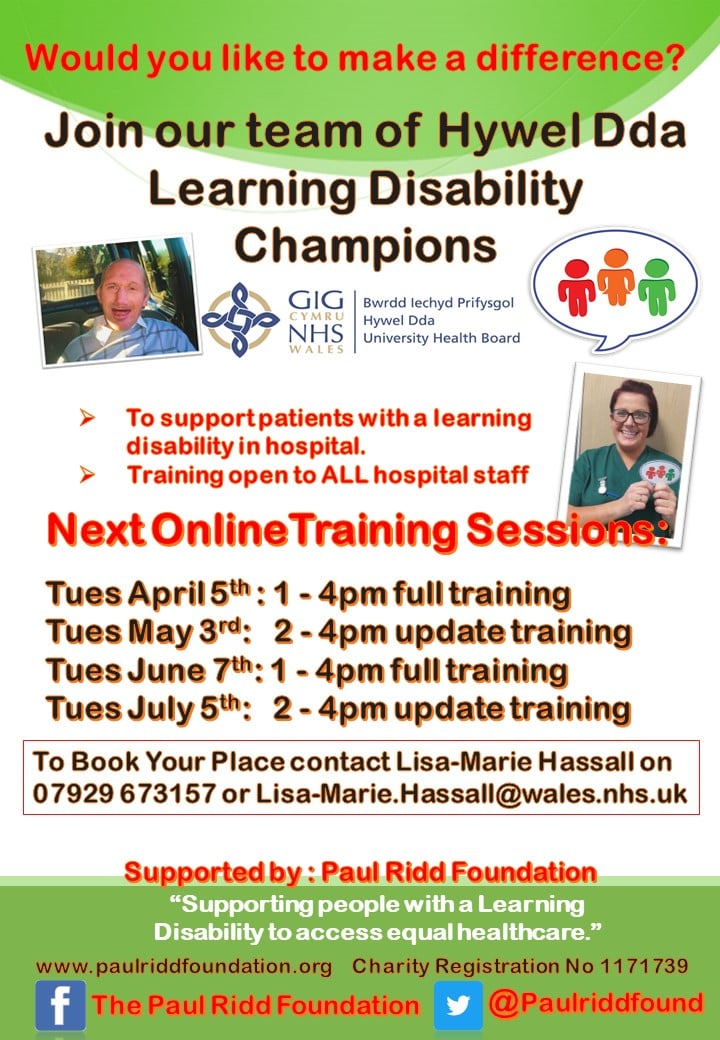 Just a reminder that next Tuesday 7th June there will be Champion Training online, run by the wonderful liaison nurses from Hywel Dda! If you work within the heath board and would like to make a difference, please get in touch with them to book on, see details  below: