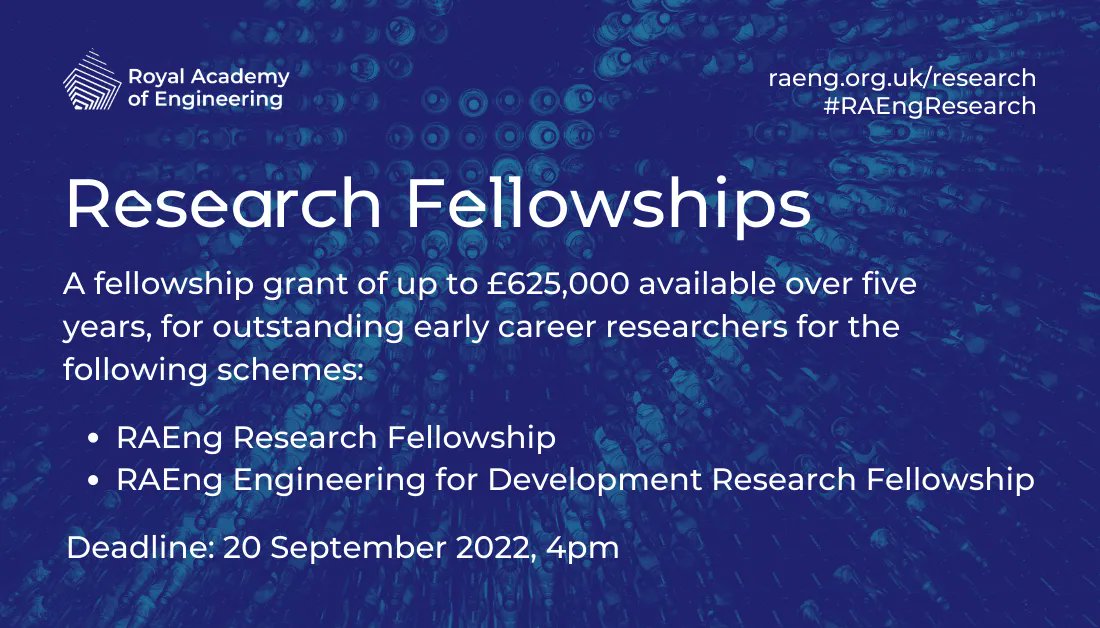 RAEngNews's tweet photo. For the first time, our #RAEngResearch Fellowships scheme is open to early career researchers based at UK research organisations as well as universities. We are also delighted to be able to offer £625k of funding - an increased financial award. To apply: https://t.co/1o1GzhBDgi https://t.co/prWKzExu2F