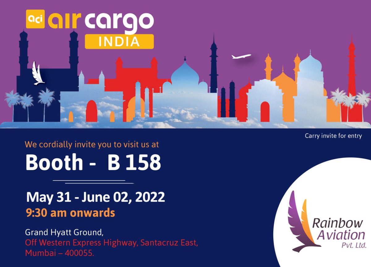 Just 1 day left for Air cargo India 2022,<a href="/RainbowPrivate/">Rainbow Aviation Private Limited</a>  is Booth B158.
we look forward to seeing  you there.

<a href="/nishseth/">Nishant Seth</a> <a href="/AirCargoIndia/">air cargo India</a> <a href="/MessMun/">MESS</a>