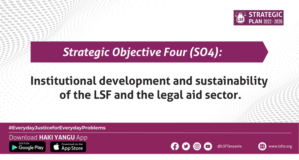LSFTanzania's tweet photo. LSF Strategic Plan 2022-2026: Strategic Objective One (SO4)

Institutional development and sustainability of the LSF and the legal aid sector.
 
#tanzania #EverydayJusticeForEverydayProblems #HakiKwaMatatizoYaKilaSiku #lsftanzania #lsftz https://t.co/HxpijIVSMo