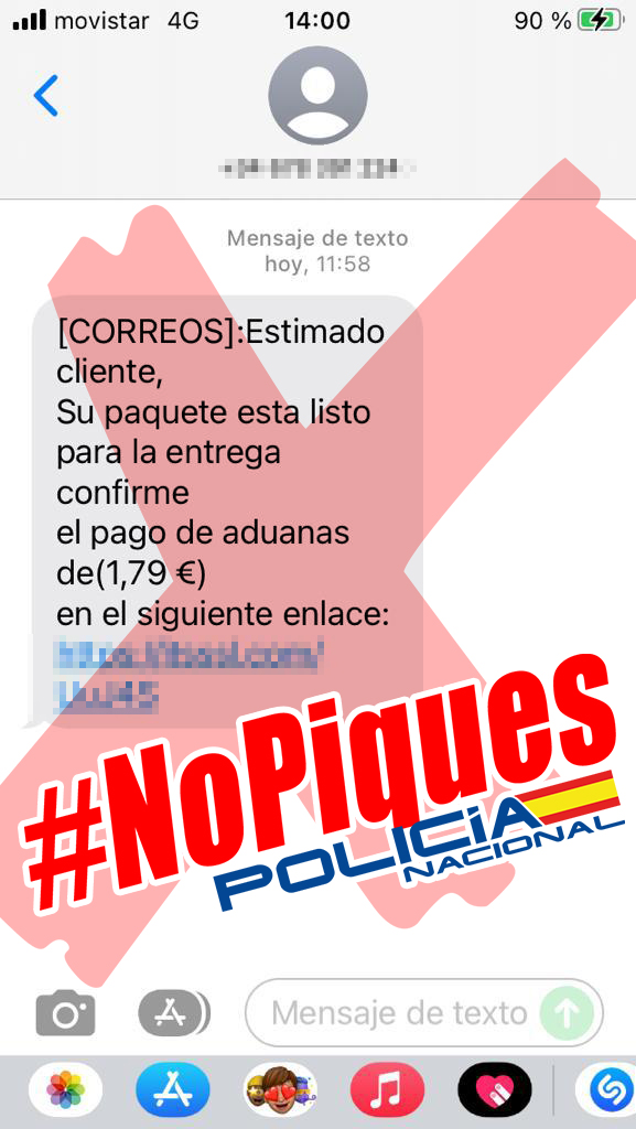 policia's tweet photo. ⚠ ATENCIÓN 

Si te llega un SMS supuestamente de Correos  que dice algo de que para entregarte un paquete tienes que hacer un pago de aduanas... 

¡#NOPIQUES! 🙏🙏

Y recuerda... 

¡No pinches en enlaces de procedencia desconocida! 

#Phishing https://t.co/IWta3YRKqQ